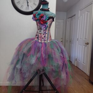 Colorful Sugar Skull Corset with Floral Accents